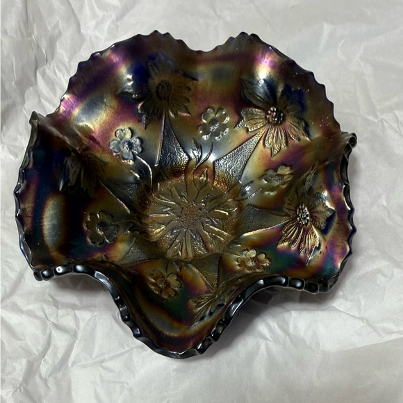 Antique Fenton Cobalt Blue Little Flowers Carnival Glass Ruffle Bowl - Picture 1 of 3